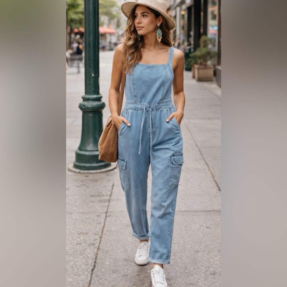 Tinsel Town Sz Sm Light Wash zipper back btn strap Denim Cargo Boho Overalls